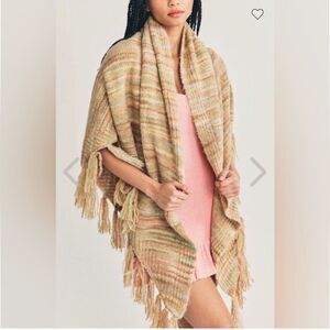 LoveShackFancy Fresca Shawl Wool Blend  Knit Poncho Wrap Light Colors One Sz NWT